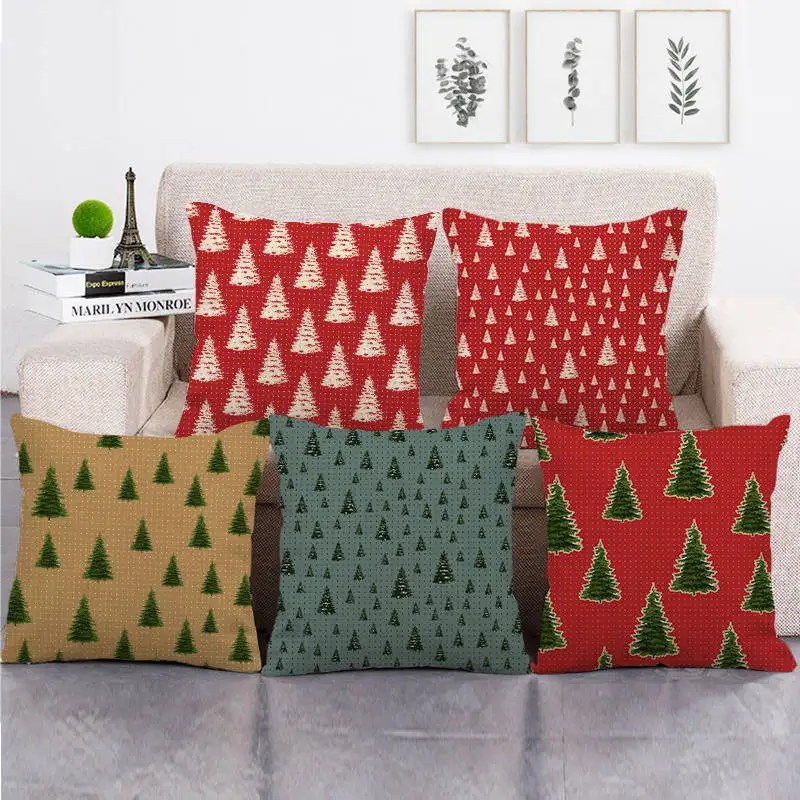 

45cm*45cm color background christmas trees design linen cotton pillow covers sofa pillow case cushion cover