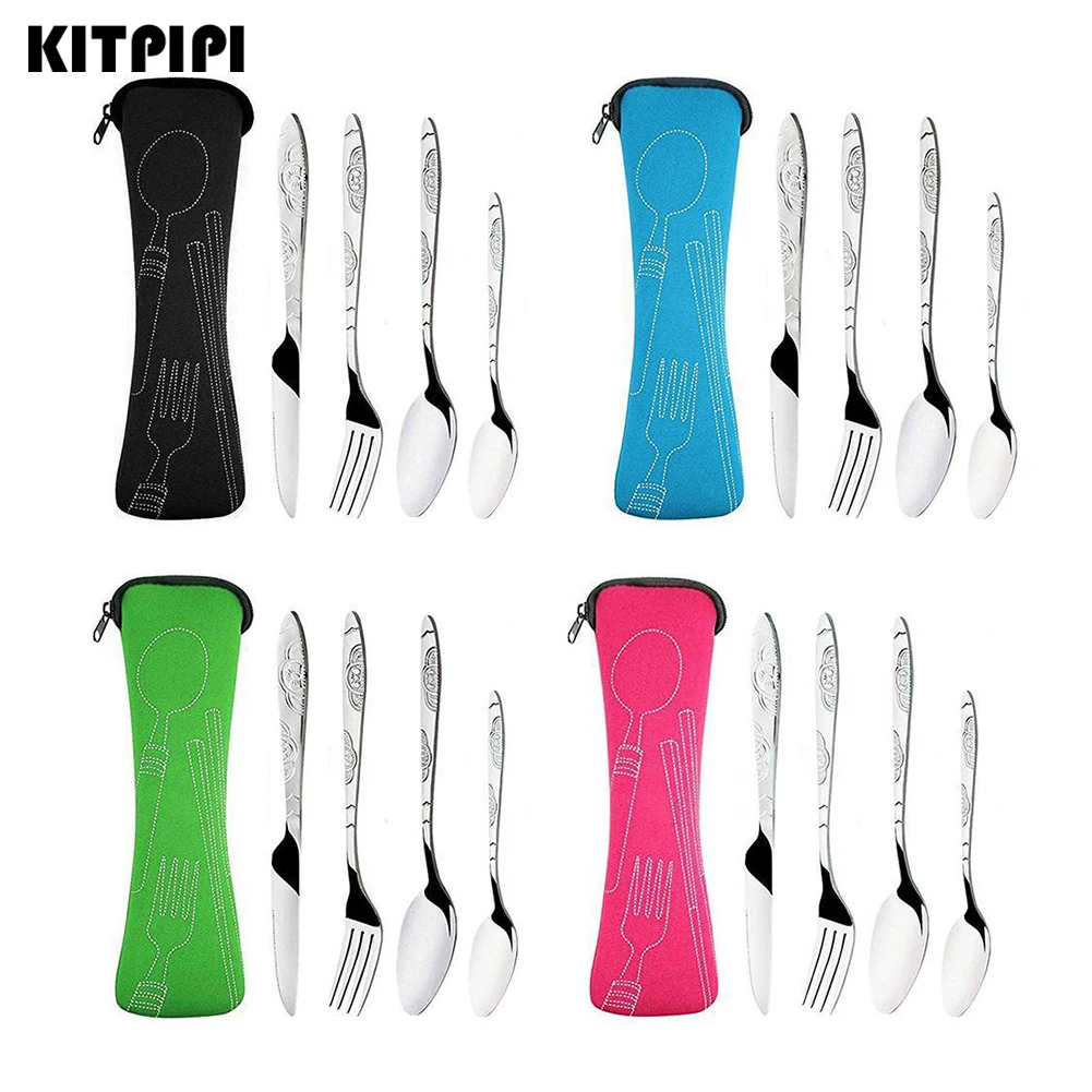 

4Pcs Steel Fork Spoon Set Dinnerware Portable Printed Fork Steak Knife Travel Cutlery Tableware With 4 Colors Bag Suit