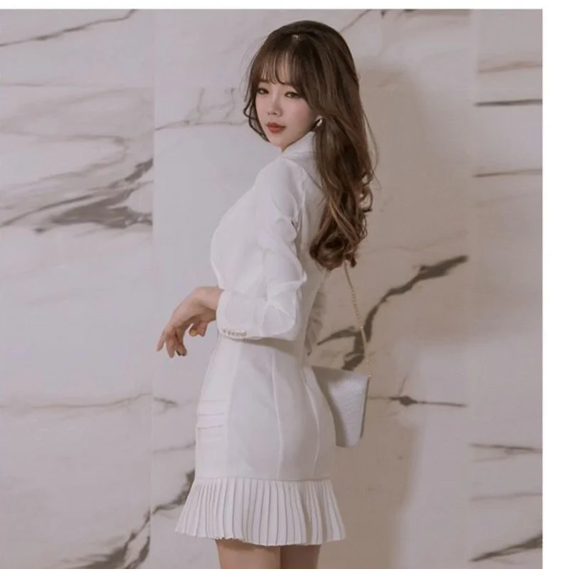 

Casual Vrouwen Slim V-hals Wit Ruches Breasted Bodycon Double Breasted Geplooide Zeemeermin Jurk Elegante Vintage Sexy Dress