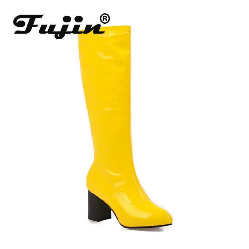 

Fujin Brand 2021 Knee High Booties Patent PU Leather Shinny Block High Heels Female Stretch Boots Women Winter Boots Square Heel