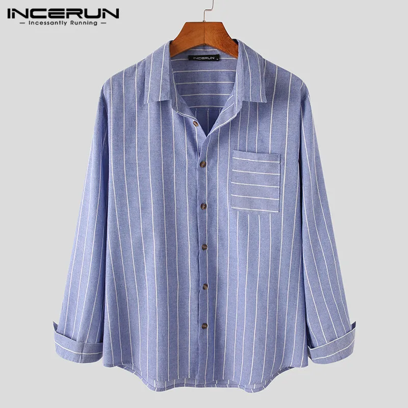 

INCERUN Leisure Button Lapel Camisa Casual Striped Long Sleeve Shirts Men Cotton Loose Blouse Man Pockets Dress Shirt Plus Size