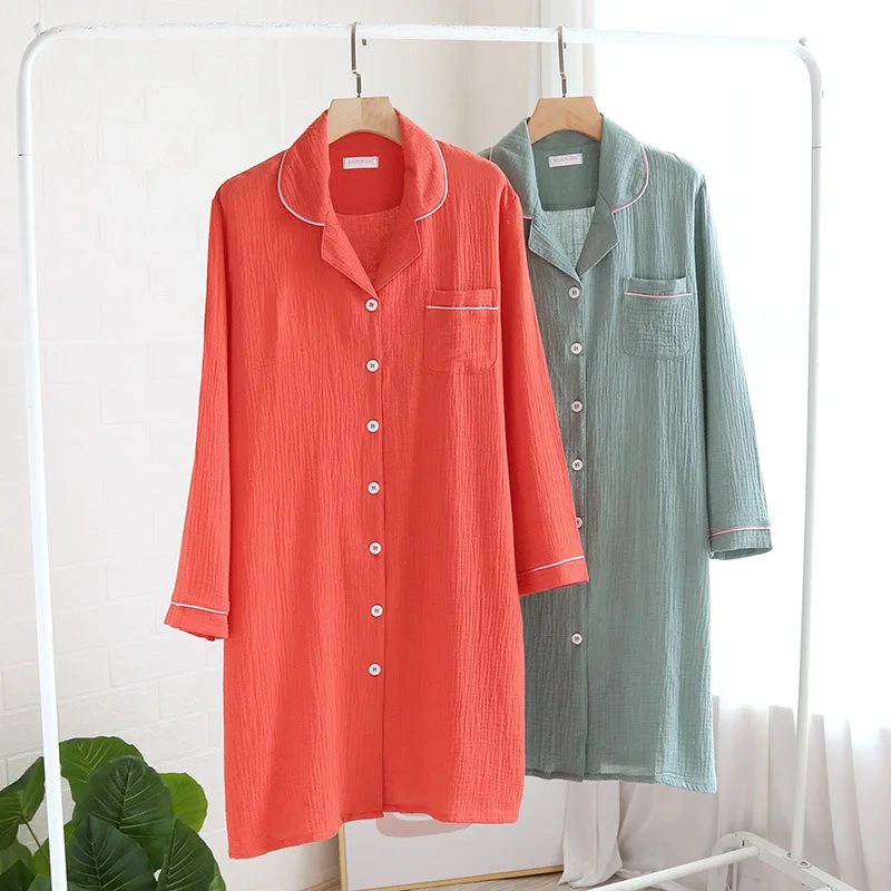 

Autumn Style Ladies Washed Texture Crepe Gauze Suit Collar Button Long-sleeved Nightdress Comfortable Sleepwear Women Home Dress