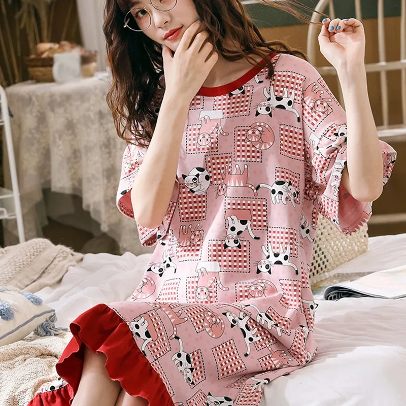

New Arrival Summer Women Fashion Striped Stitching Sleepdress Sweet Cute Cartoon Printed Short Sleeve Nightdress