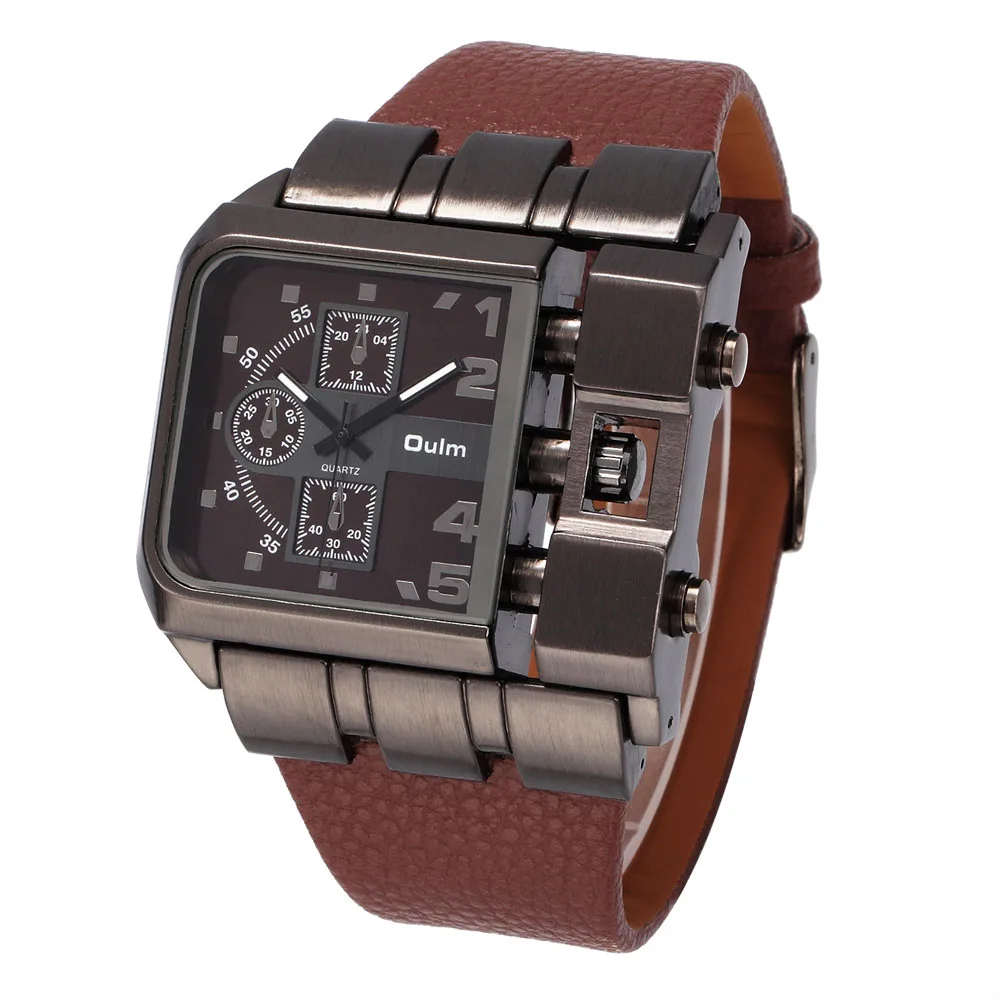 OULM Wide Big Dial Casual Leather Strap Quartz Watch Brand Original Unique Design Square Men Wristwatch reloj hombre deportivo