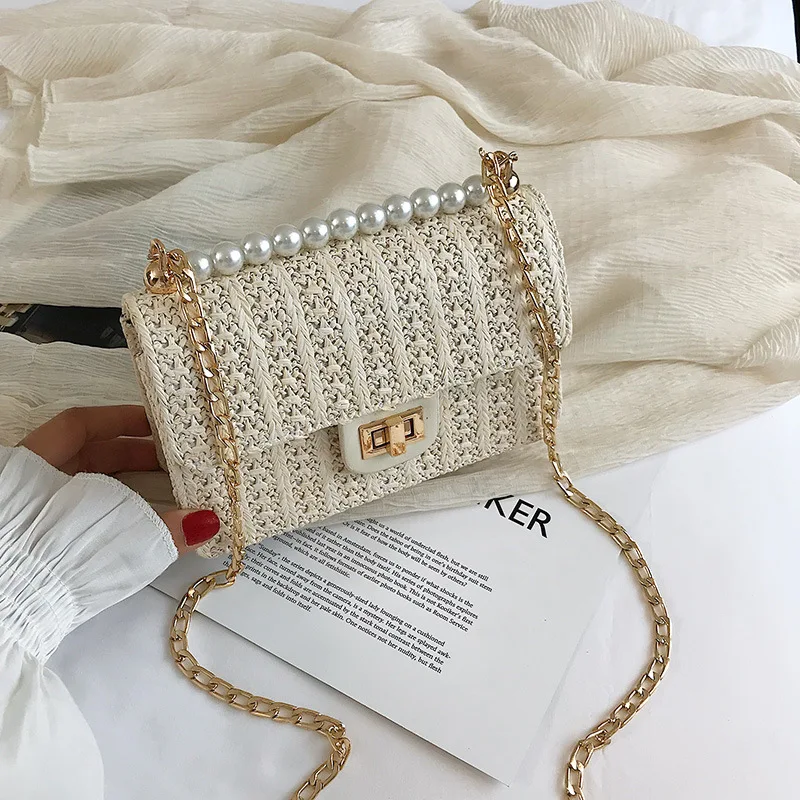 White2 Новинка, летняя пляжная соломенная сумка, сумки через плечо для женщин,, перламутровая плетеная ротанговая женская сумка на плечо, дамская сумочка, клатч, Bolso Mujer - Цвет: White2