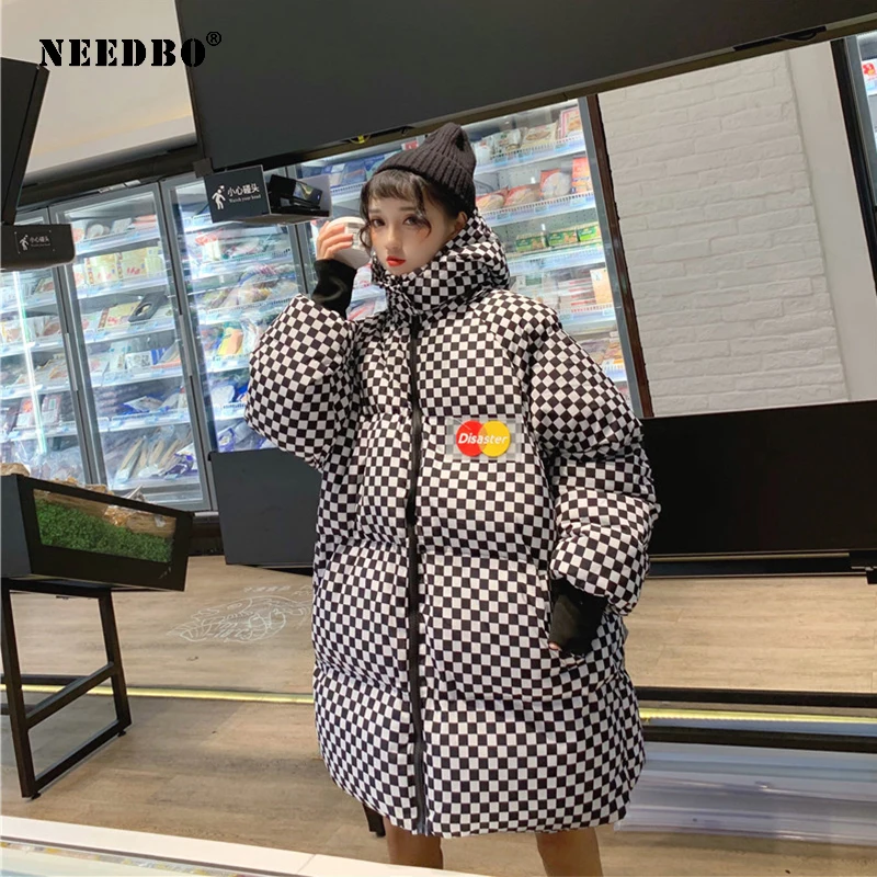 Зимняя куртка Женское пальто длинная парка с капюшоном Harajuku BF клетчатое женское
