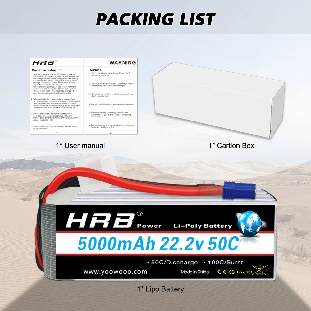 HRB-bater&iacute;a Lipo 6S de 22,2 V, 5000mAh, 50C con conector EC5 XT90 para Lab 700 800, Quadcopter, helic&oacute;ptero, Drone, Align 7,2 Yak 54, 2 uds.-4