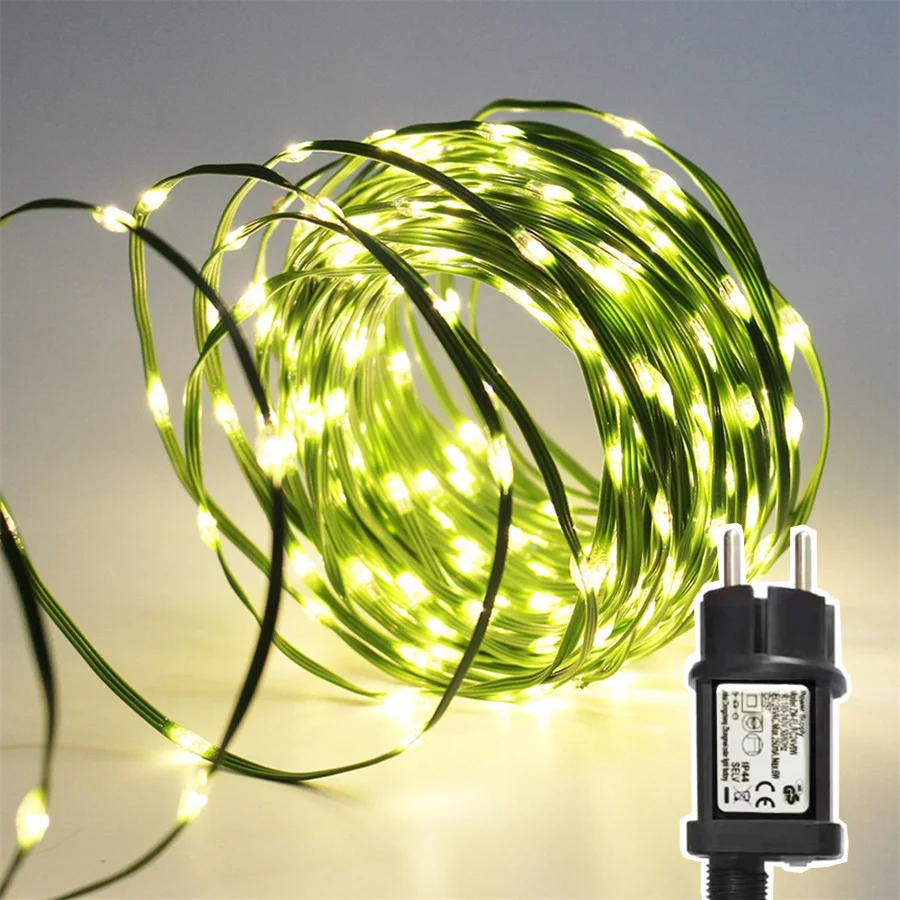 24V Plug in Green PVC Wire Christmas String Lights 10/20/50/100M Waterproof PVC Copper Wire Fairy Light Wedding Party Garland