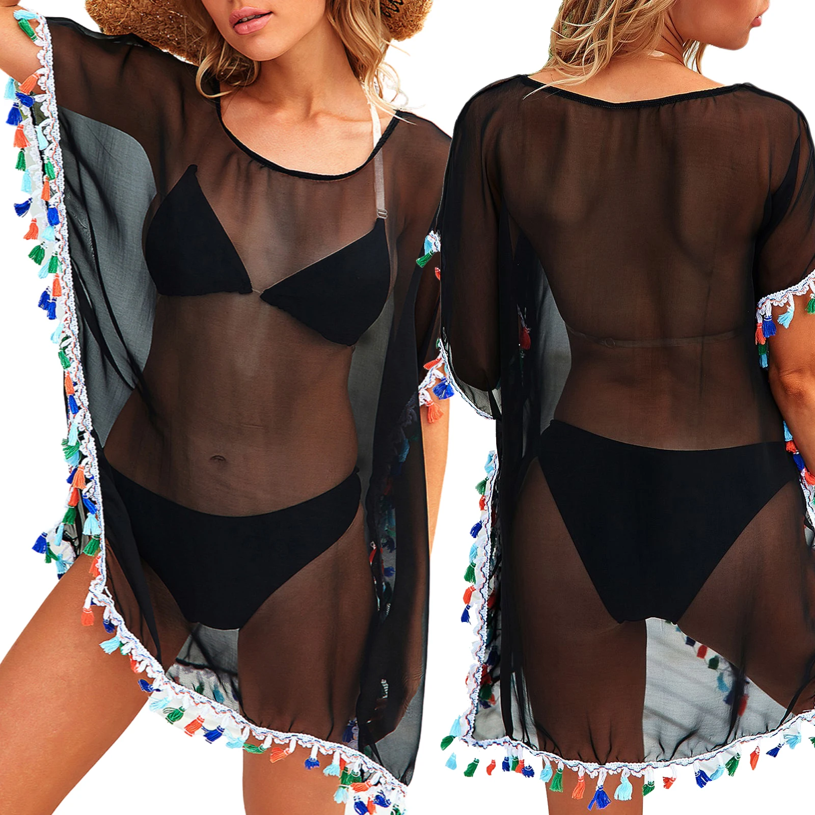 

Female Smock, Round Neck Short Sleeve Beach Dress Bikini Covers with Tassel Hem for Summer, Black