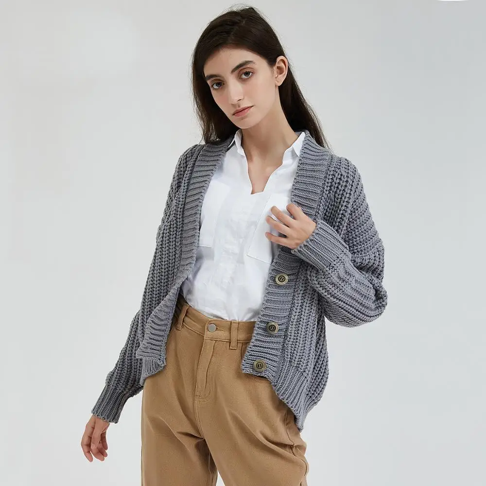 Wixra Knitted Chunky Cardigan Sweater Women Simple Solid Thick Button Clothing Sweater Stylish Tops for Female Autumn Winter