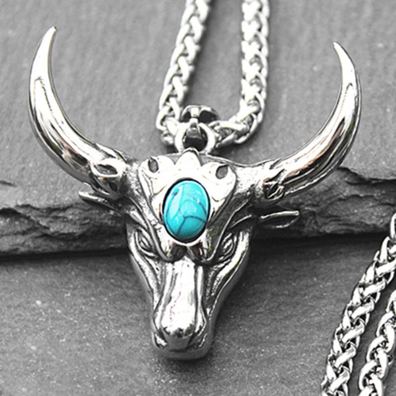 

New Retro Blue Turquoise Bull Head Pendant Trendy Men's Necklace Fashion Personality Domineering Female Sweater Chain