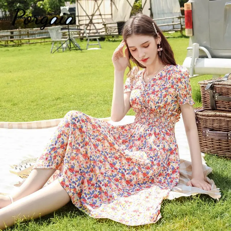 Богемное праздничное платье с принтом Платье До Колена v образным вырезом и