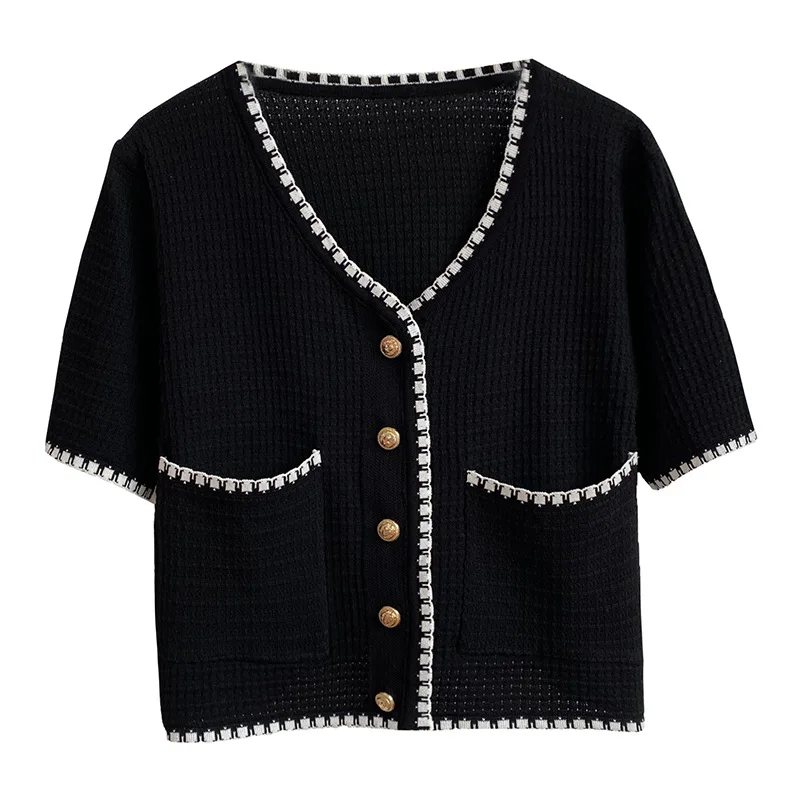 

8955 Summer Knit Coat Women Cardigan Korean Loose Short Sleeve Casual Office Color Contrast Chic Thin Sweater Fashion Pocket Top