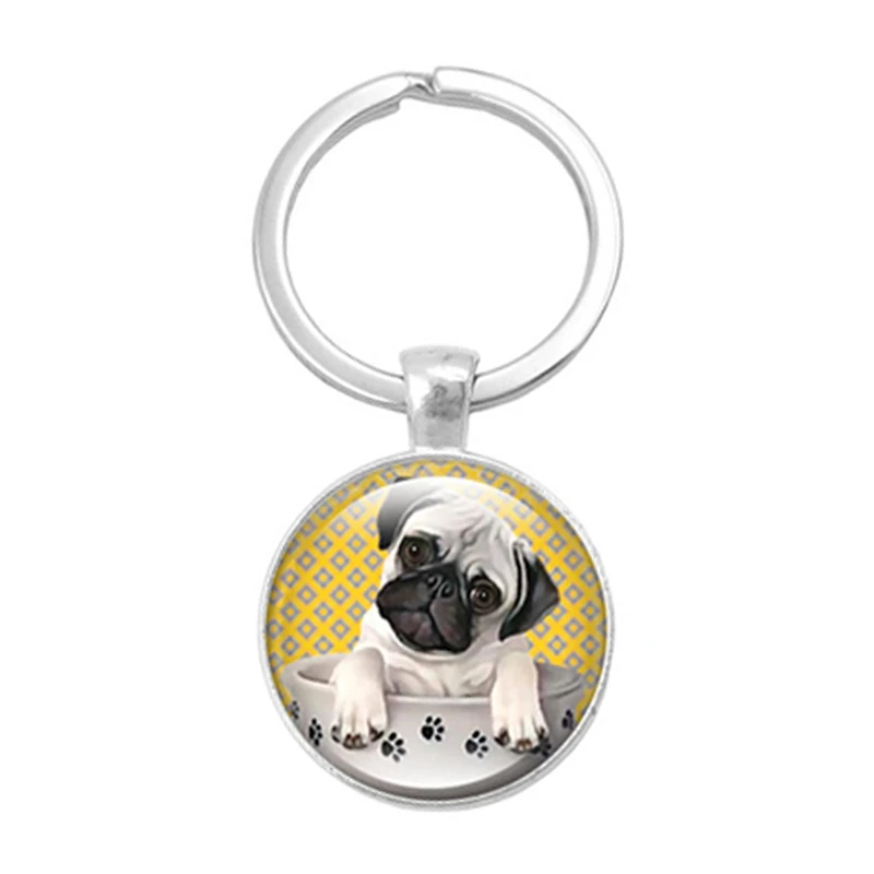 

New Cute Pug Keyring Round Keychain Jewelry Pendant Key Ring for Women As gift
