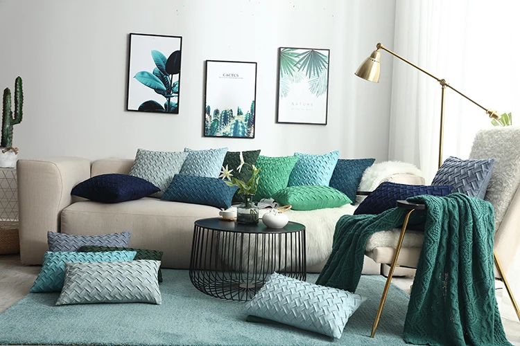 Blue Cushion Cover Soft Faux Suede Home Decorative Navy Pillow Cover Woven Pattern Green 45x45cm/30x50cm