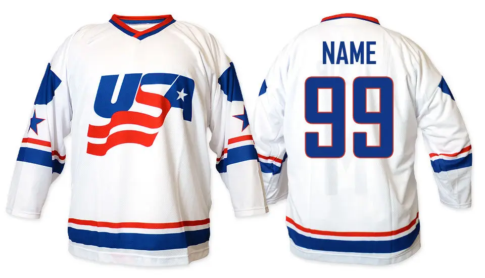 

Vintage Team USA white bule Retro throwback MEN'S Hockey Jersey Embroidery Stitched Customize any number and name