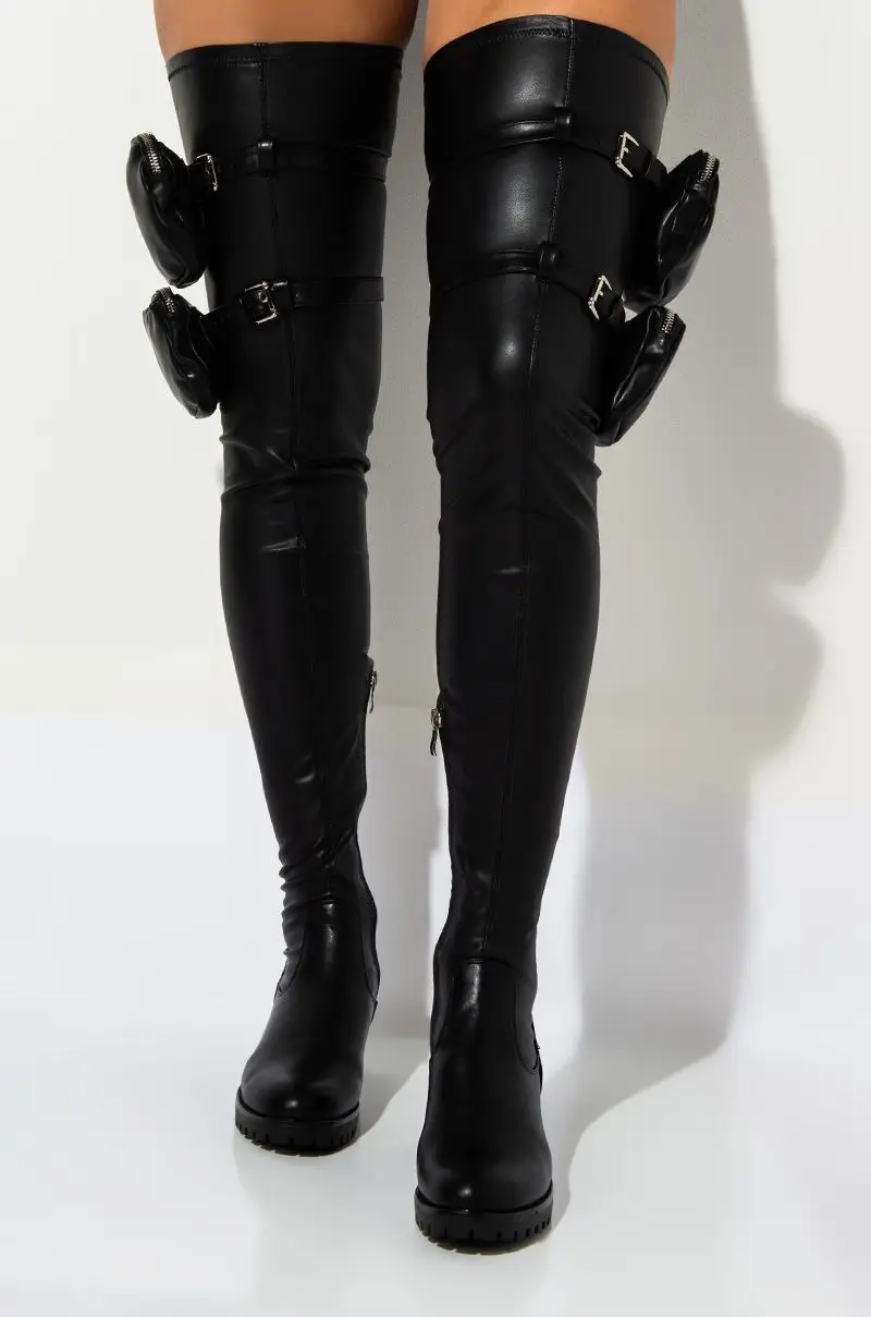 Black flat bottom bag strap zipper pu material feminine over-the-knee boots 2021 winter new thigh boots