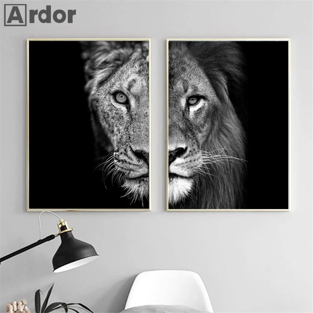 Черно-белые плакаты с изображением диких животных холст принтом льва и львины