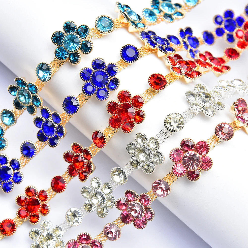 1 ярд золотистого стекла Стразы Цветок чашки цепи Bling Хрустальная Аппликация