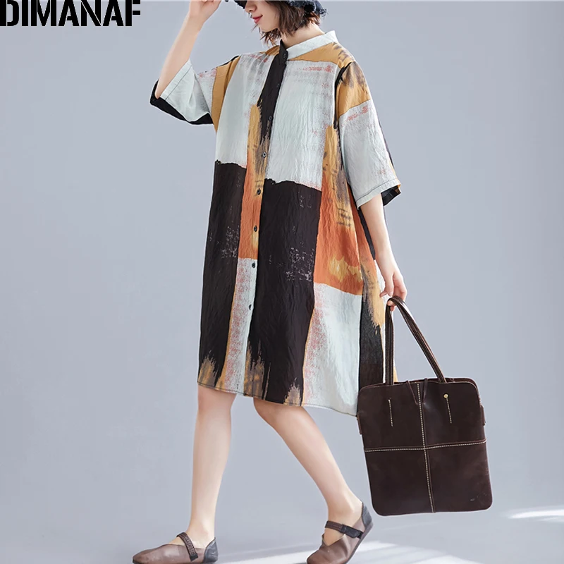 Женская длинная рубашка DIMANAF винтажная блузка из хлопка и льна повседневный топ