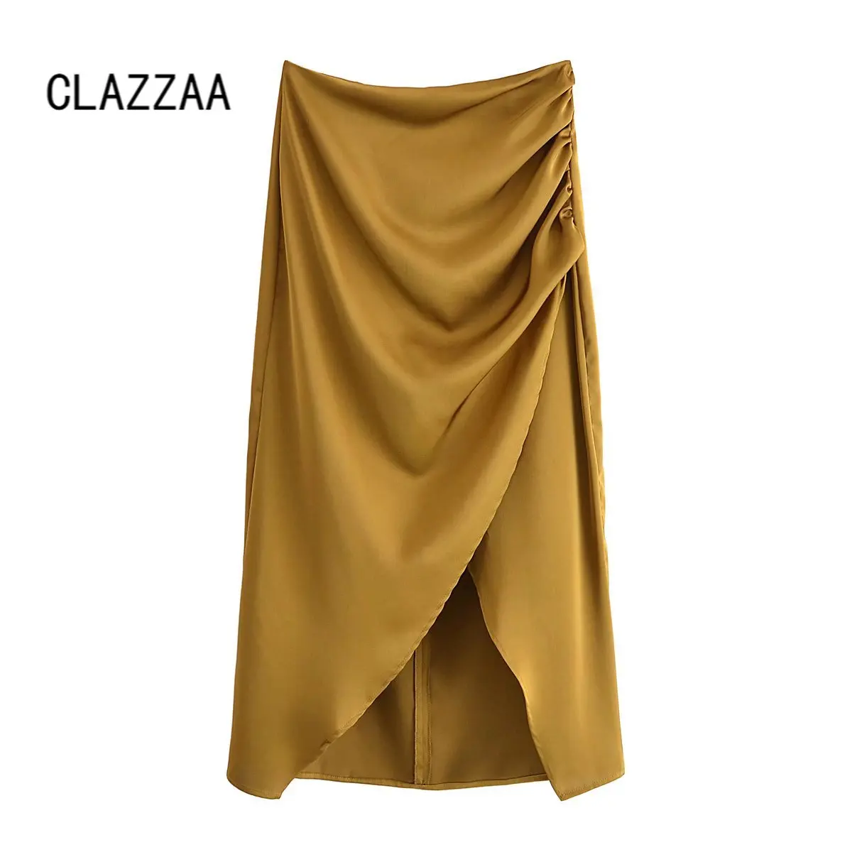 

Clazzaa Women Fashion Yellow Front Slit Pleated Midi Skirt Vintage High-waist Back Zipper Casual Chic Lady Woman Elegant skirts