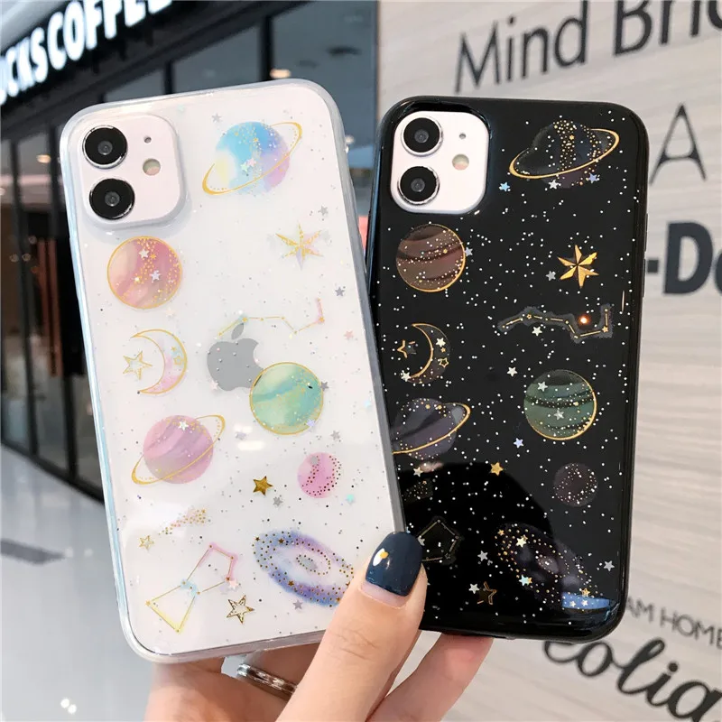 Роскошный прозрачный чехол с блестками и планетами для телефона iPhone 11 12 Pro Max Mini X XS
