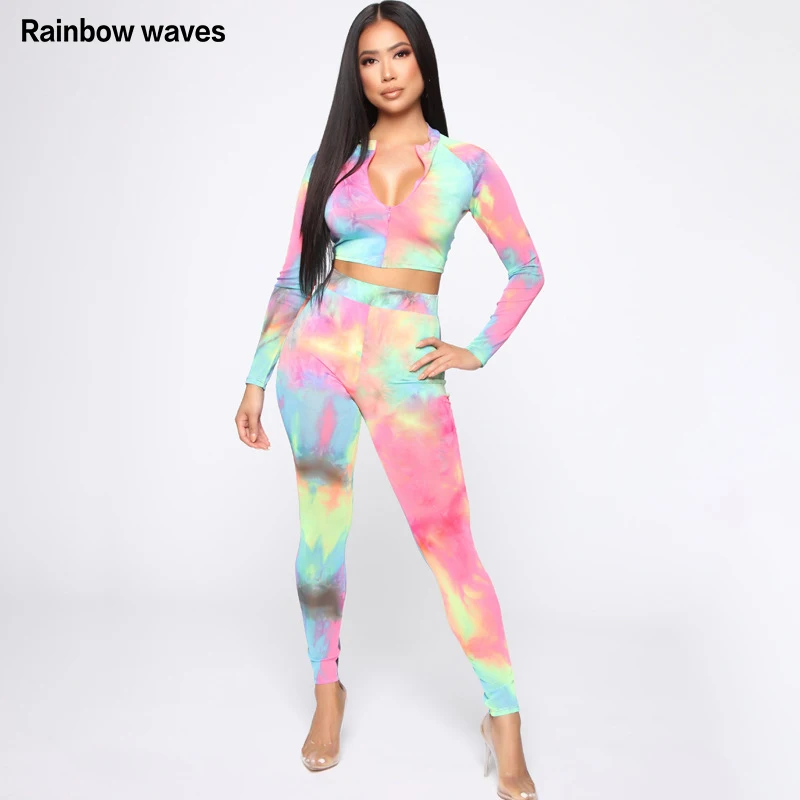 

Rainbowwaves женский топ на молнии с принтом, повседневный модный длинный брючный костюм, сексуальный облегающий спортивный костюм, женский спор...