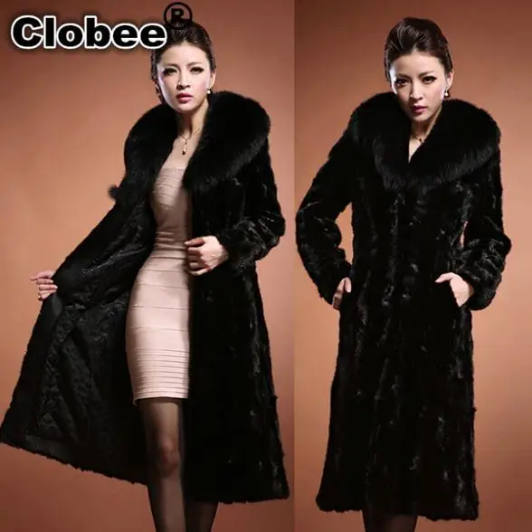 Женская шуба из искусственного меха черная длинная норки с длинным рукавом
