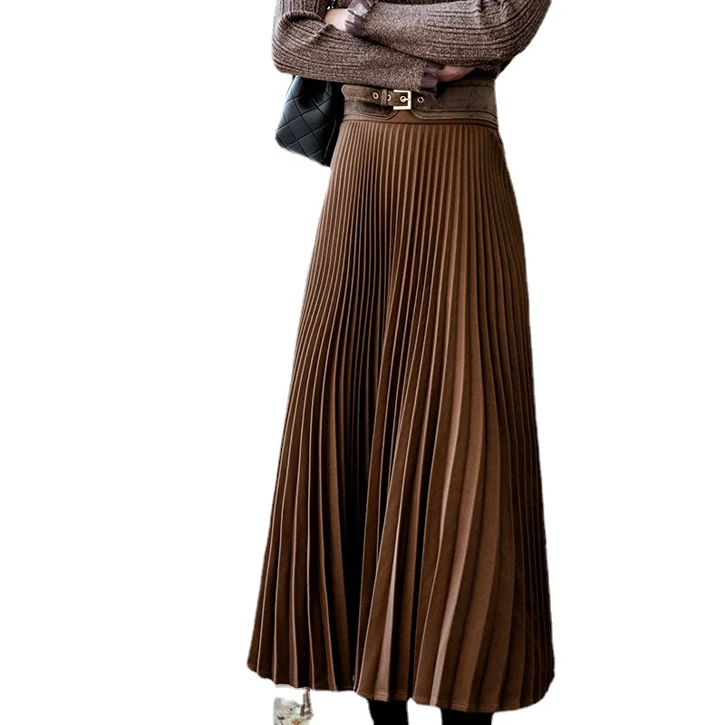 

Winter Long Skirt Pleated Brown Pleated Skirt Solid Color Wool Skirt