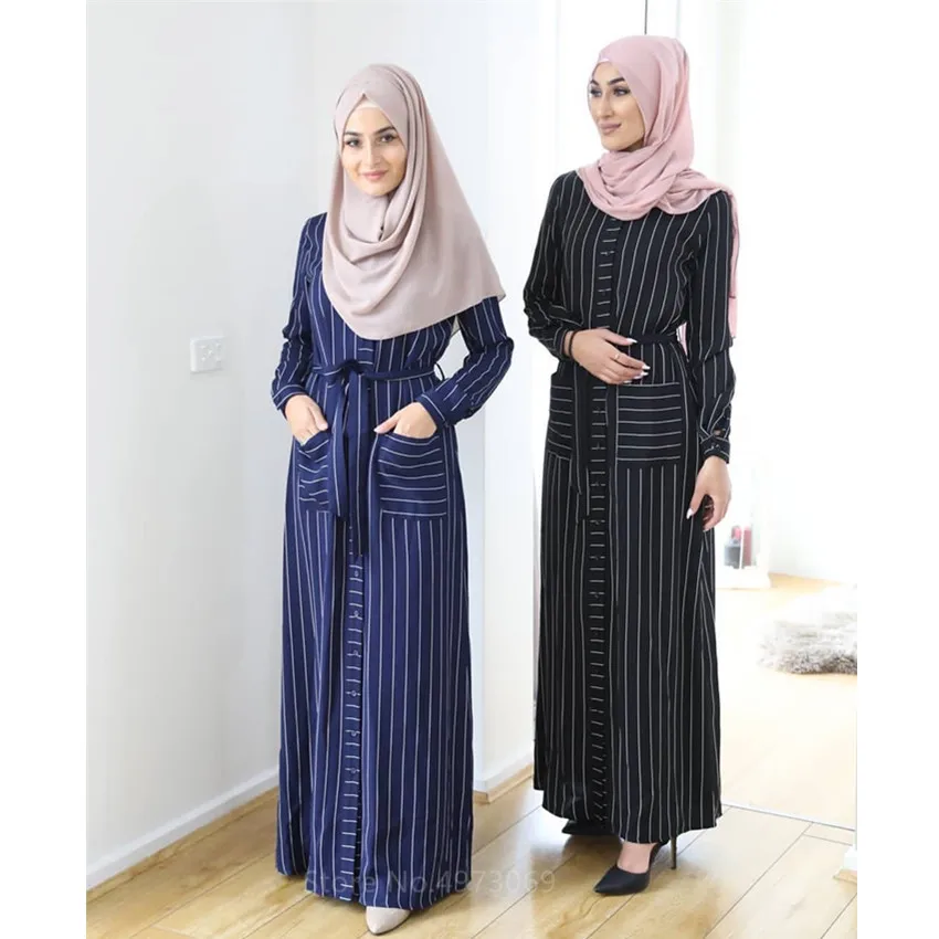 Кимоно Рамадан в полоску в стиле рубашки, мусульманский хиджаб, мусульманское платье, женская однобортная одежда в исламском стиле, кафтан, ...