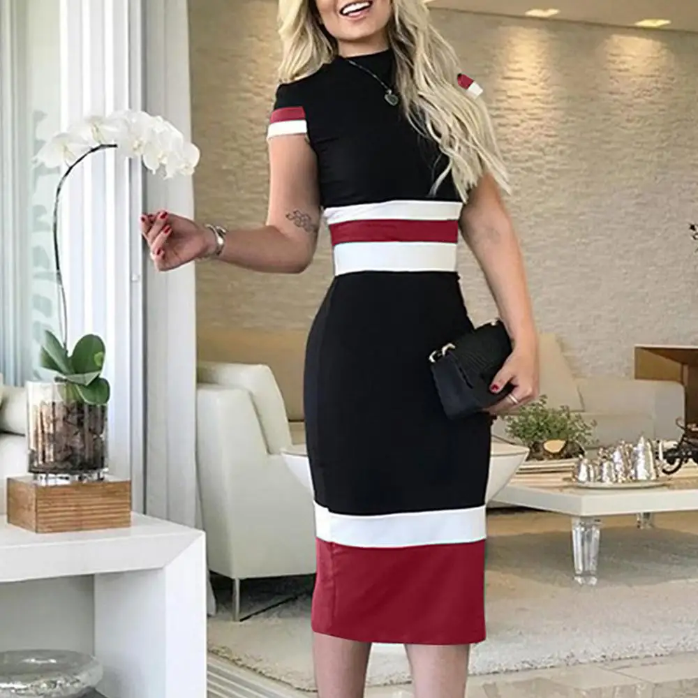 Женское облегающее платье миди в полоску с коротким рукавом|Вечерние костюмы| |