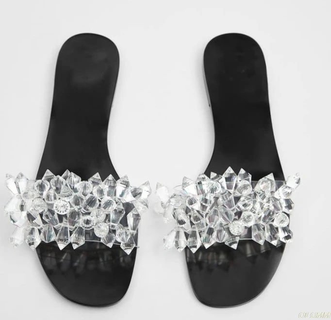 

New blingbling crystal women slides summer clear upper falt women slippers