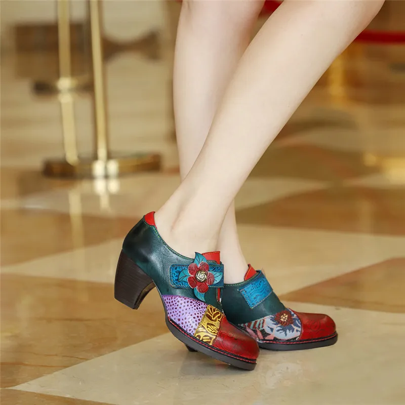

TOTOMELA 2020 new arrive women pumps top quality genuine leather shoes round toe flower mixed color vintage single shoes woman