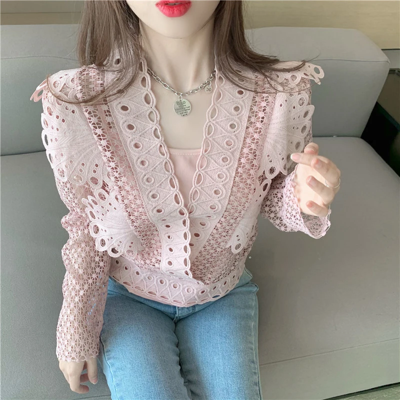 

New Spring Lace Blouse Women Chic Crochet Hollow Butterfly Long Sleeve White Shirt Puff Sleeve Casual V-Neck Tops Blusas 86245#