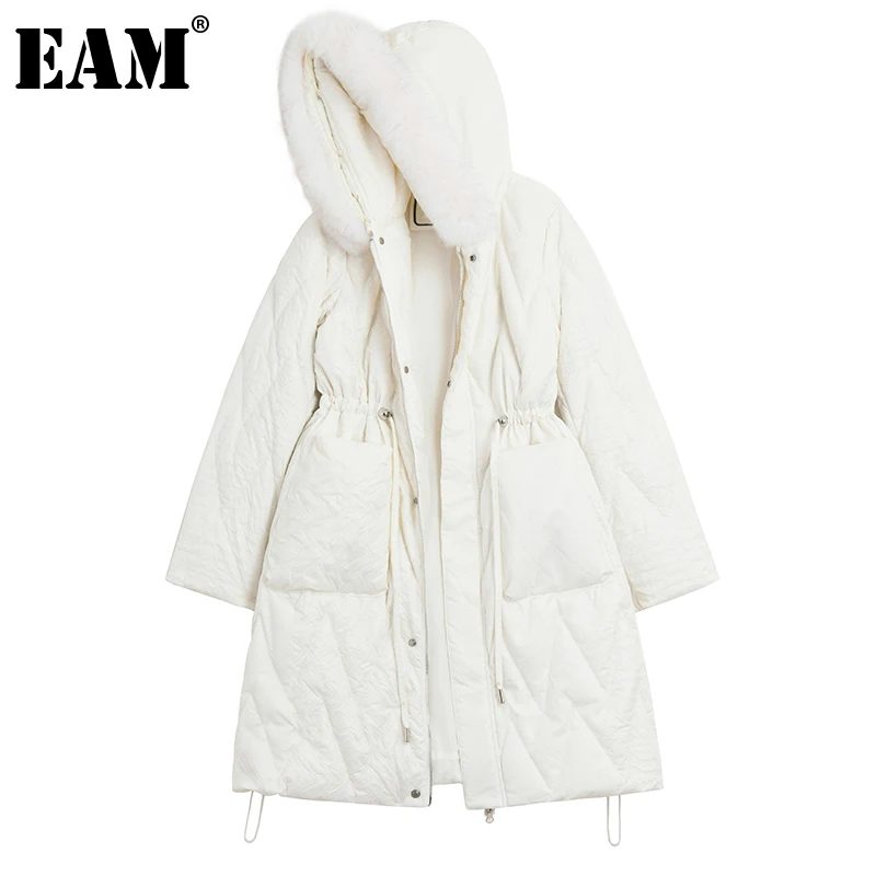 

[EAM] Loose Fit Black Warm Long Down Jacket New Fur Hooded Long Sleeve Warm Women Parkas Fashion Tide Autumn Winter 2022 1DE5770