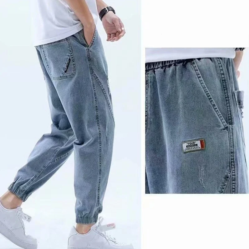 

Summer Harajuku Harlan Jeans Men's Fashion Loose Solid Drawstring Pocket Cargo Casual Jeans Male Mid Waist Washed Trousers