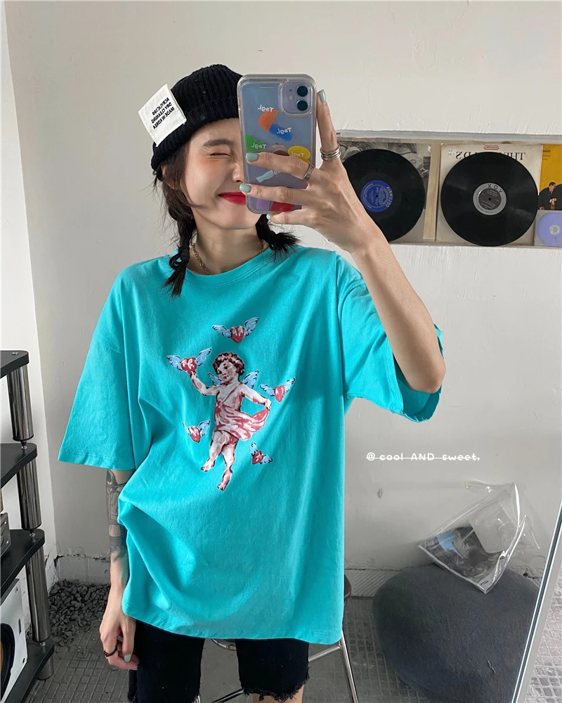 

Female Korean Harajuku Vintage Ins Love Angel Print T-shirt Women's T-shirts Tops Japanese Kawaii Ulzzang Clothes for Women