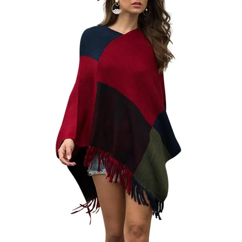 Женская Лоскутная накидка с длинным рукавом и v образным вырезом хит цвета