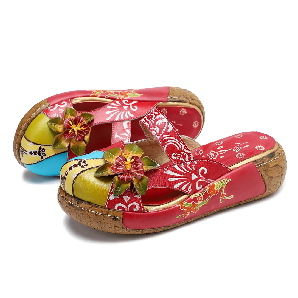 

Leather sandals ladies shoes hand-printed retro flat flat head comfortable leather sandals slippers