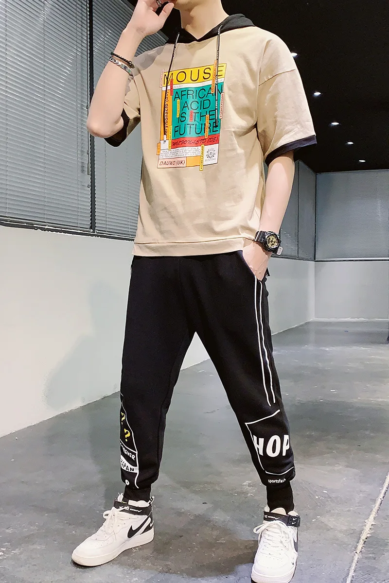 

Youth hooded short sleeve t-shirt men's summer suit Korean Trend handsome half sleeve clothes junior high school students summer