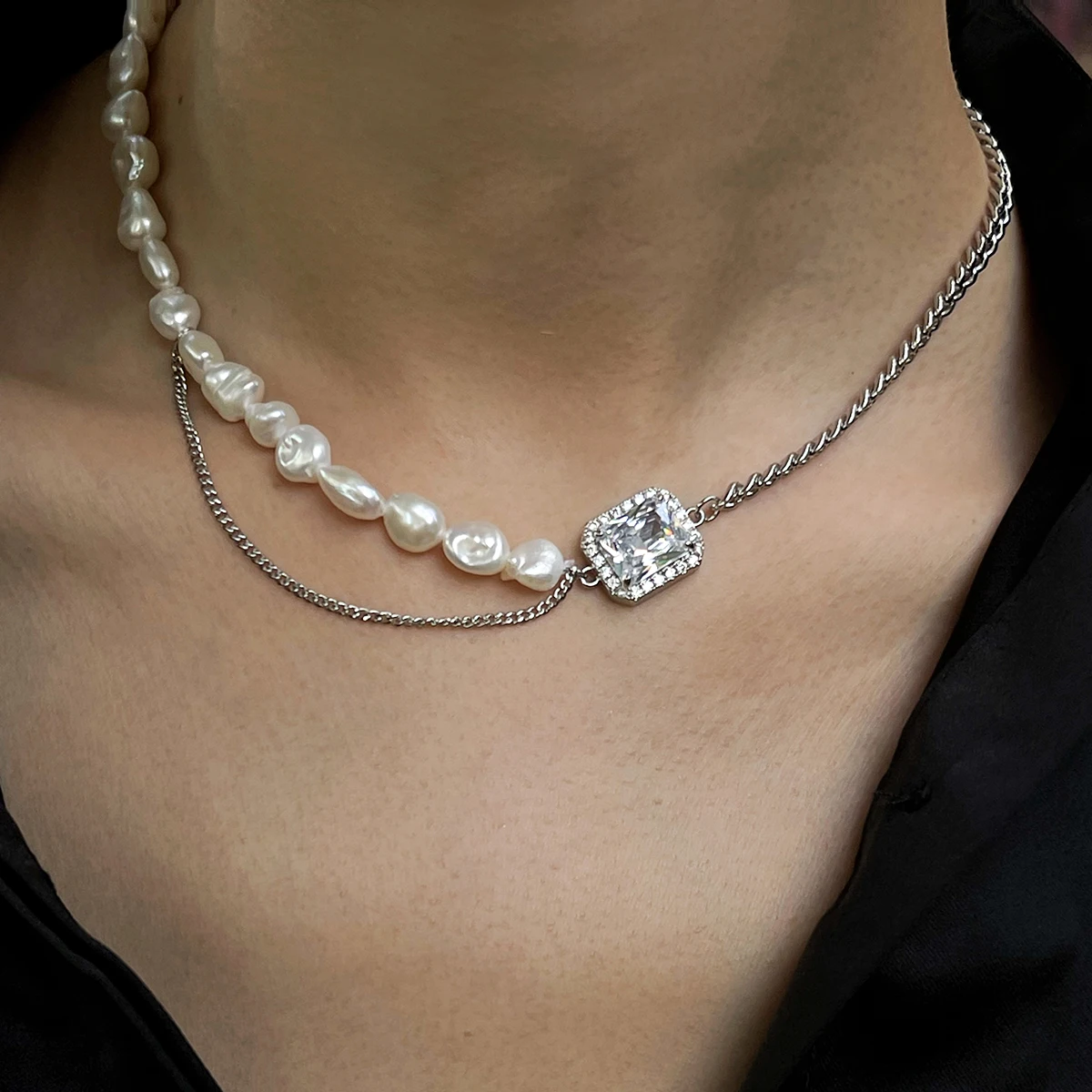 

Original design niche splicing freshwater pearl zircon irregular chain clavicle necklace female necklace