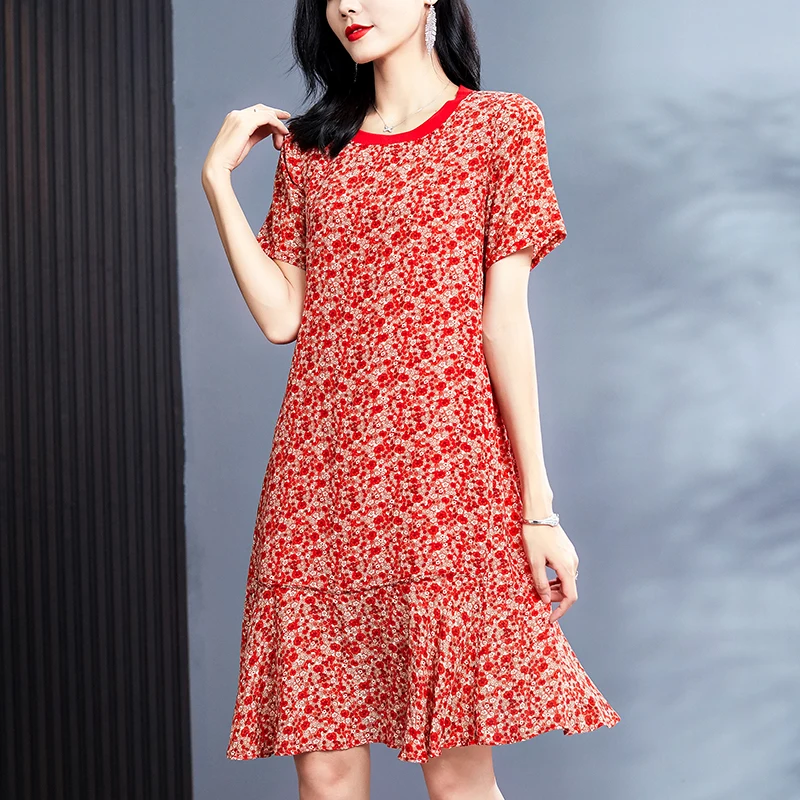 100% Real Silk Women's Red Dresses 2023 Summer Elegant O-neck Short Sleeve Ruffles Women Casual Dress Floral Woman A-line Dress
