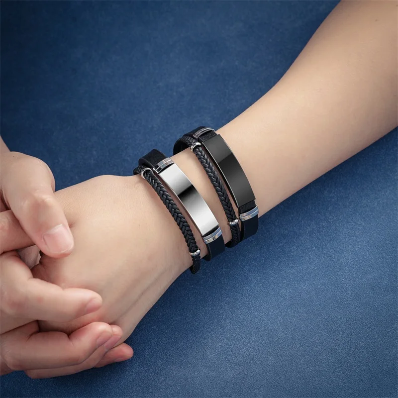 

AZIZ BEKKAOUI Customized Jewelry Engraving Man Bracelets Stainless Steel Vintage Leather Bracelets Punk Personalized Custom Logo