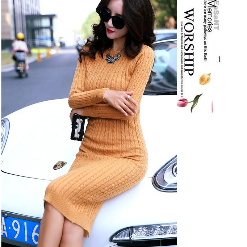 Elegant korean style women sweater knitted dress Autumn winter o-neck female long Sexy holiday solid ladies | Женская одежда
