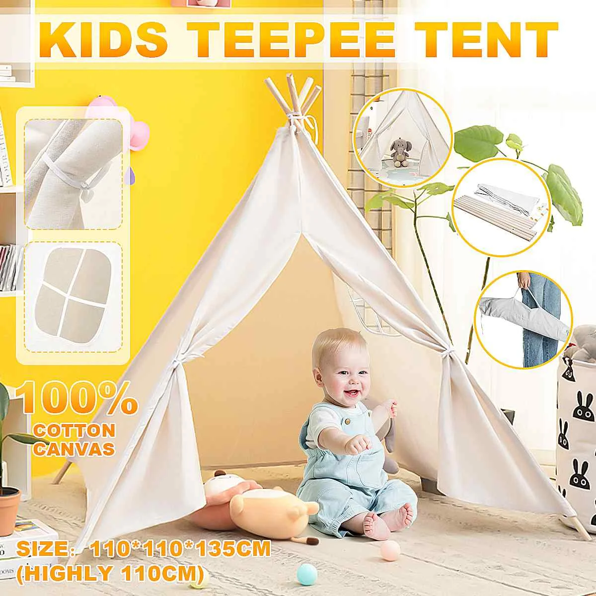 

135CM Portable Children's Tent Large Wigwam for Kids Infantil Playhouse Tepee Castle Tipi Baby Birthday Gift Carpet Indian Tent