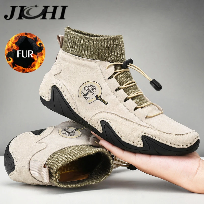

JICHI Winter Men Boots Fashion Ankle Leather Men Shoes Warm Plush Winter Snow Men's Casual Shoes Comfortable Light Big Size 48