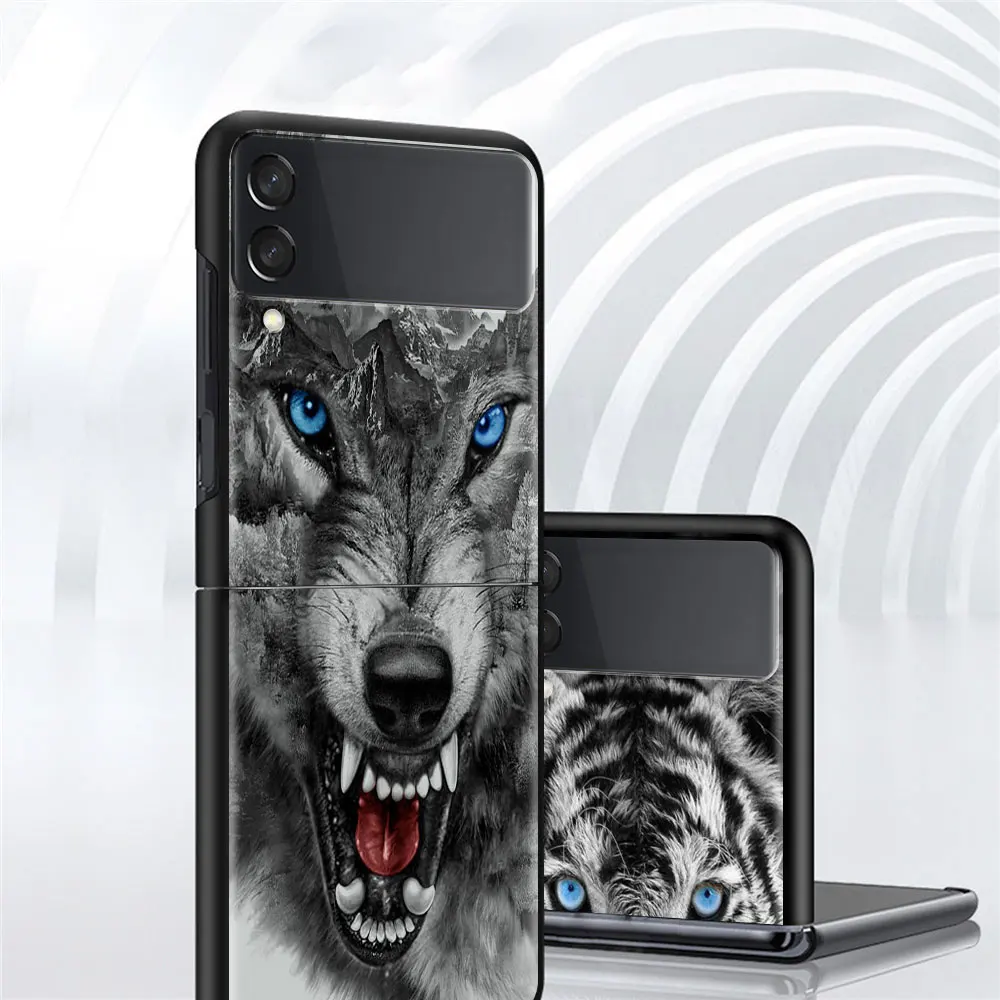 Case For Samsung Galaxy Z Flip 3 4 5G Funda ZFlip3 Luxury Black PC Hard Shockproof Back Phone Coque Shell Wolf Lion Animal
