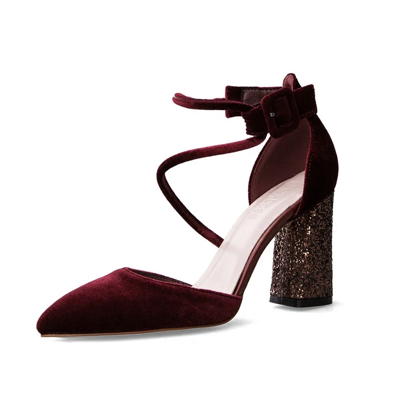 

2019 spring and autumn new women's single shoes one word buckle pointed suede high heels female thick with ladies sandals summer