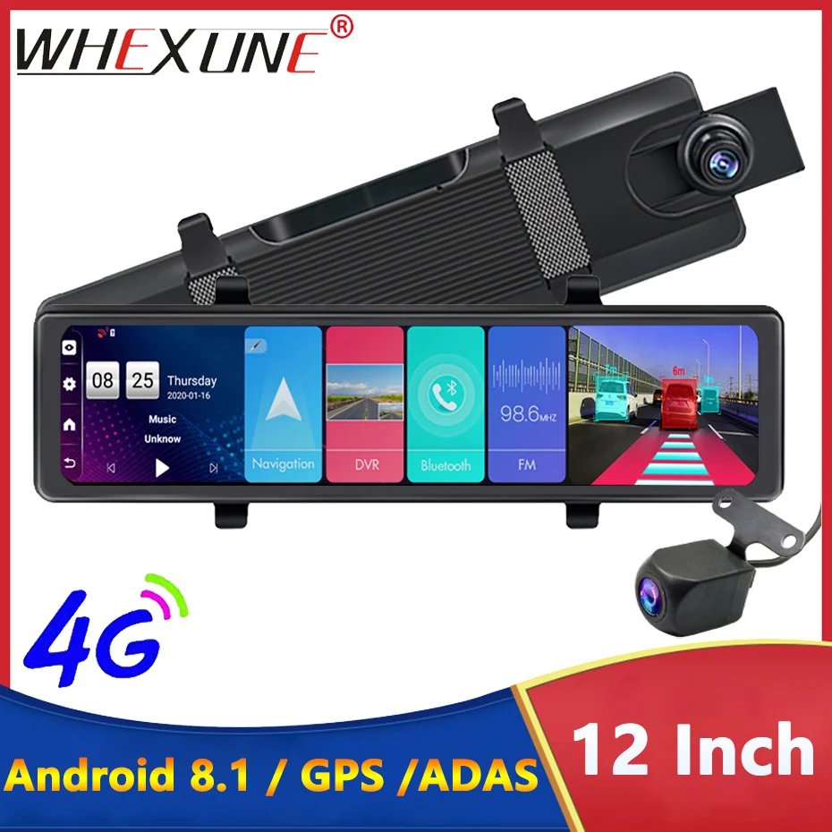 

4G Rear View Mirror 12" Android 8.1 Auto Dash Cam Cameras GPS Navigation WIFI Car DVR 2GB RAM 32GB ROM 1080P ADAS Video Recorder