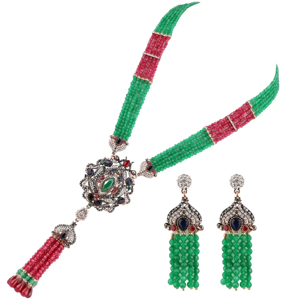 

Vintage Bohemian Maxi Big Statement Resin Beads Tassel Necklaces Pendants Earrings for Women Accessories Jewelry Set Ethnic New
